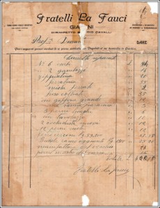 Nota F.ll La Fauci circa 1910 al prof. Durante. In alto a sinistra dicitura: torni, seghe, pialle, bucatrici con motore elettrico