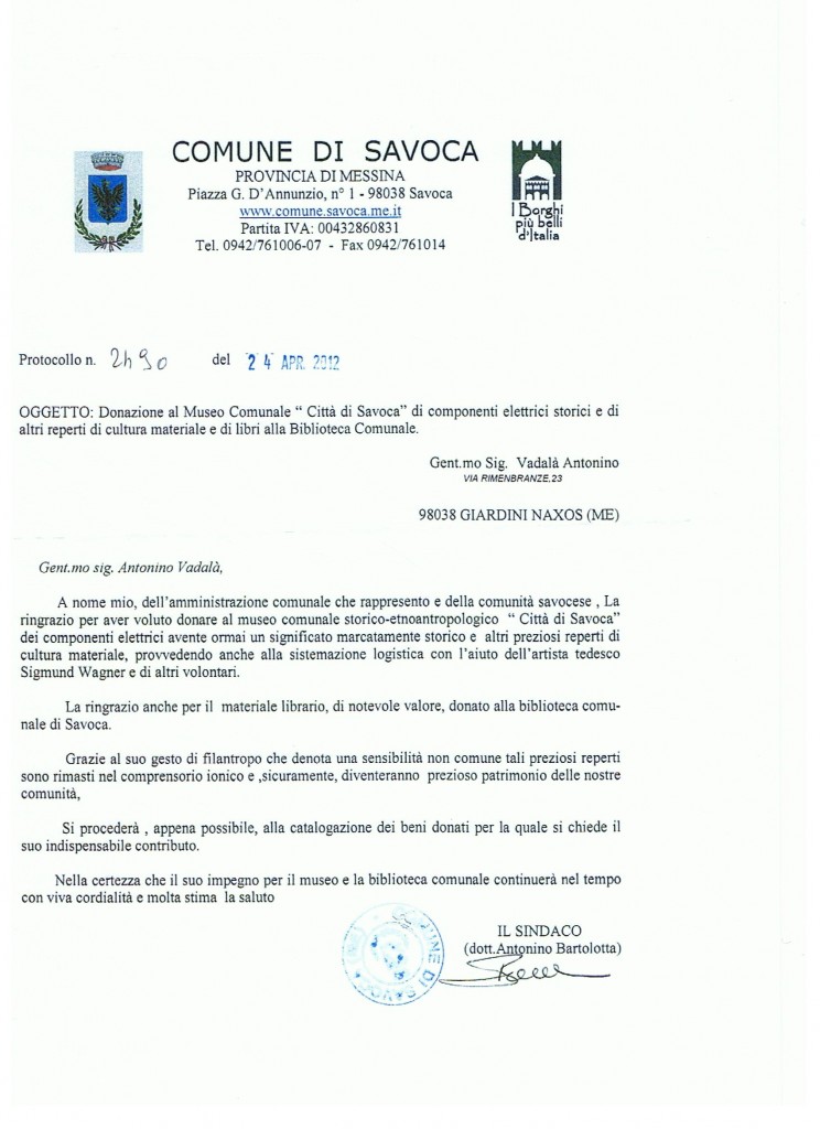 Lettera di ringraziamento del Sindaco di Savoca (ME)