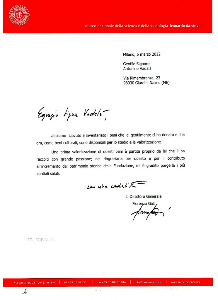 Lettera di ringraziamento del direttore Dott.Fiorenzo Galli Museo della Scienza e della Tecnologia Leonardo Da Vinci MILANO